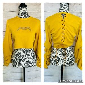 Halfheart Women’s Yellow Rockstar Crew Neck Crop Puff Sleeve Lace Up Sweatshirt